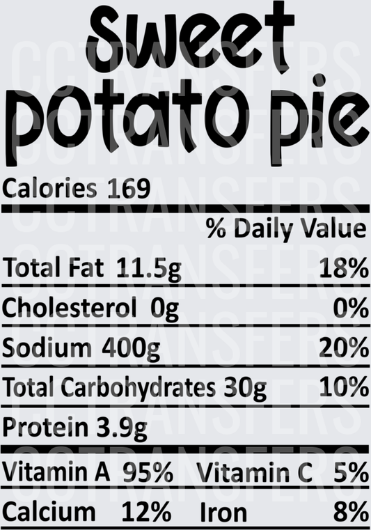Sweet Potato Pie Nutrition Facts Label (DTF)