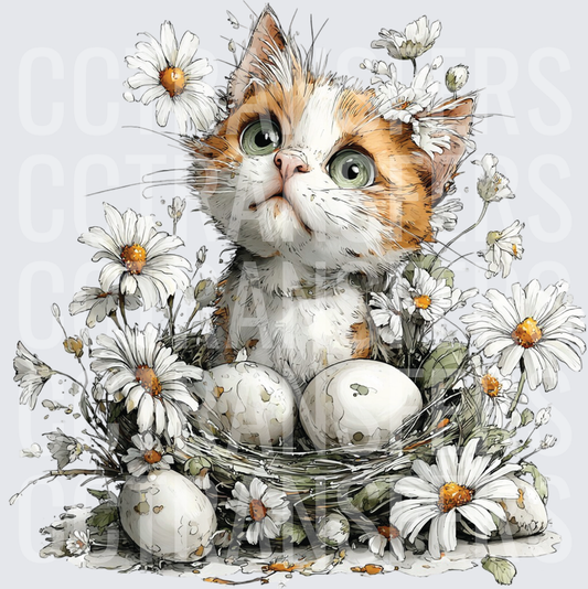Whimsical Calico Kitten Nest Eggs Daisies Spring (DTF)