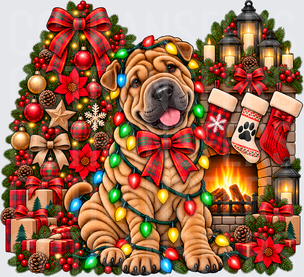 Wrinkly Dog Christmas Lights Fireplace Holiday Scene (DTF)