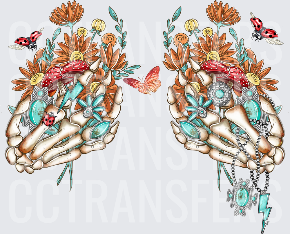 Skeleton Hands Floral Mushroom Turquoise Western Boho (DTF)