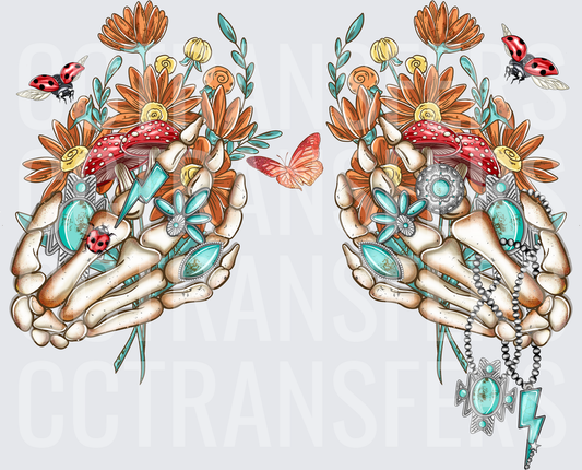 Skeleton Hands Floral Mushroom Turquoise Western Boho (DTF)