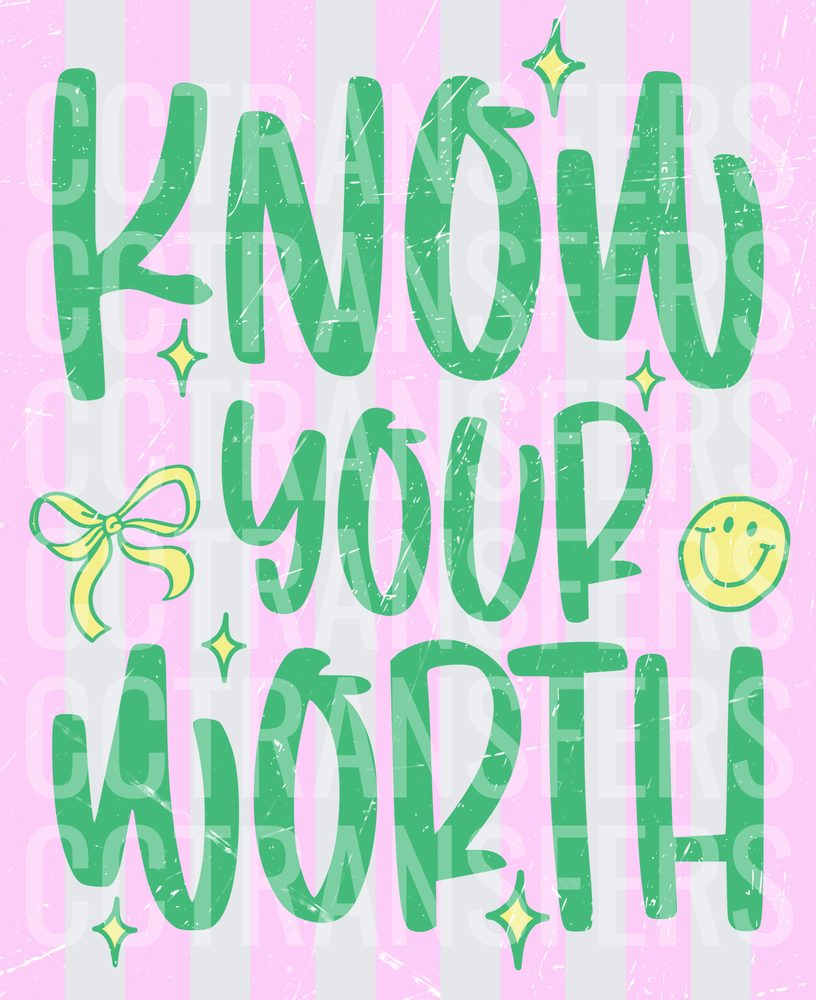 Know Your Worth Pink Stripe Bow Smiley Sparkle (DTF)