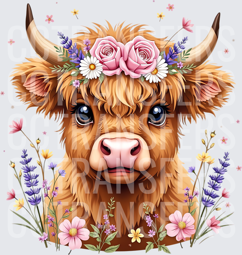Cute Fluffy Highland Cow Floral Crown Wildflowers (DTF)