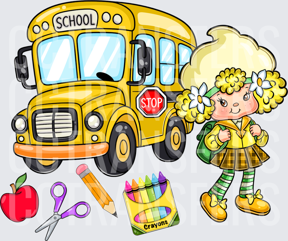 Blonde Curly Girl Yellow School Bus Back to School (DTF)
