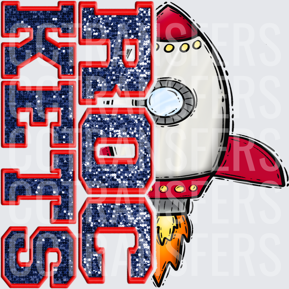 Rockets Glitter Navy Red Block Letter Rocket Ship (DTF)