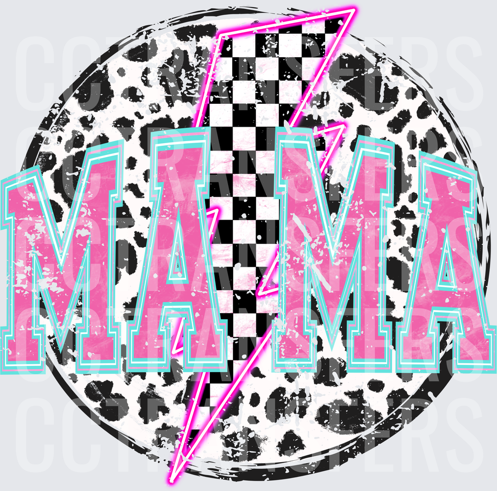 Mama Pink Varsity Letters Leopard Checkered Lightning Bolt (DTF)