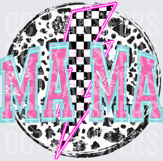 Mama Pink Varsity Letters Leopard Checkered Lightning Bolt (DTF)