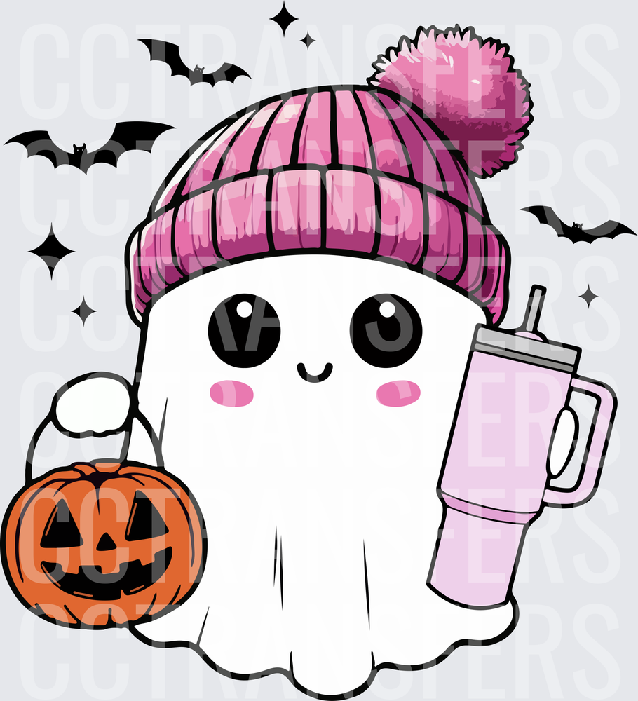 Cute Halloween Ghost Pink Beanie Pumpkin Tumbler Bats (DTF)
