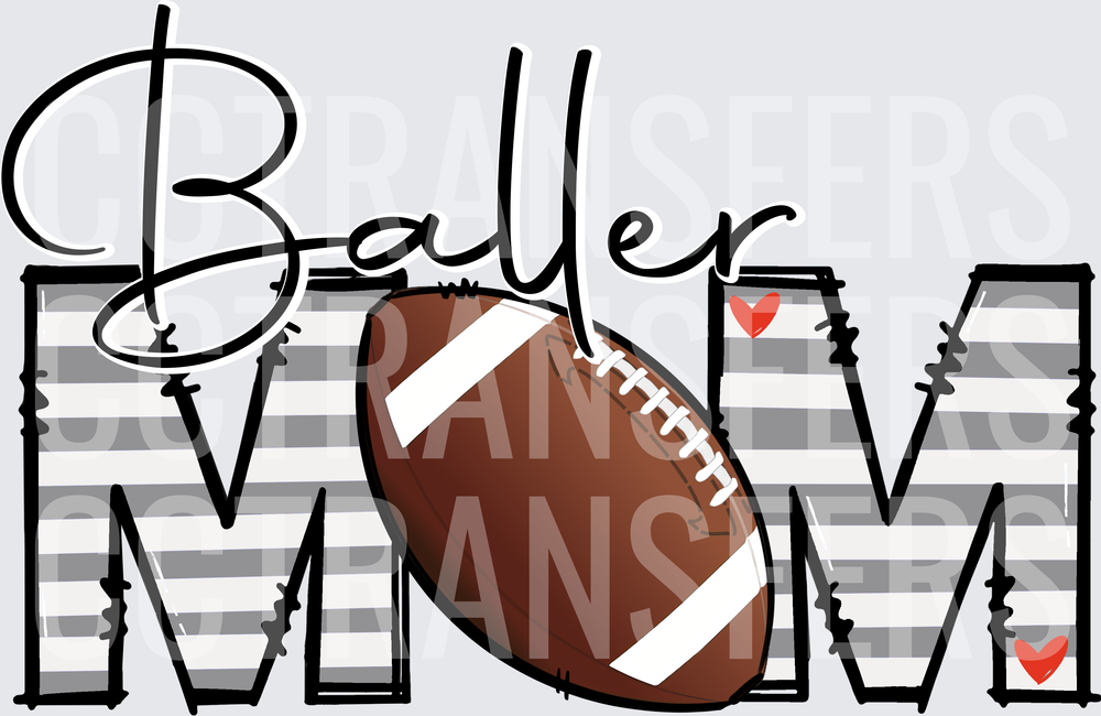 Baller Mom Football Striped Letters Red Hearts (DTF)