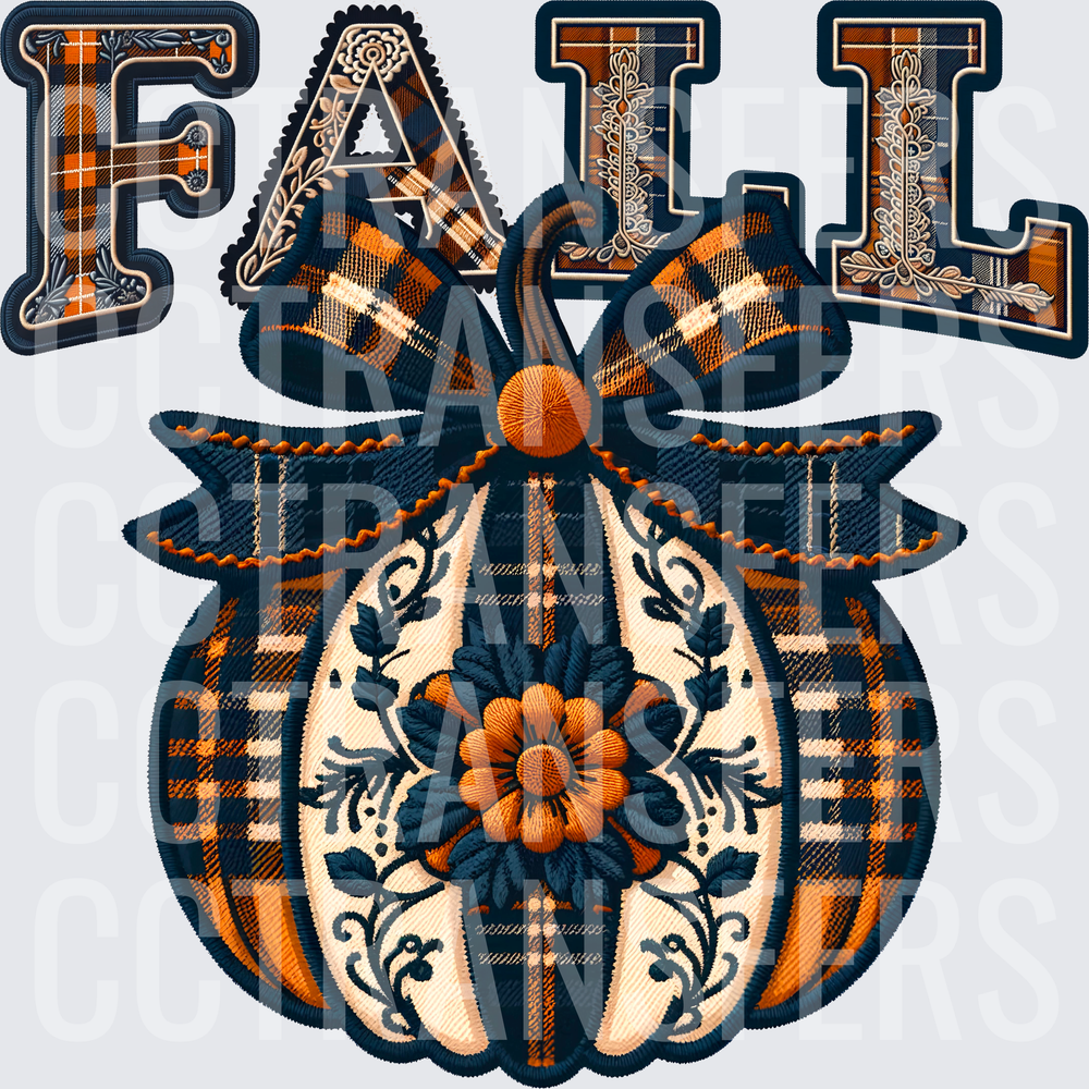 Fall Plaid Pumpkin Floral Bow Embroidery Patch Style (DTF)