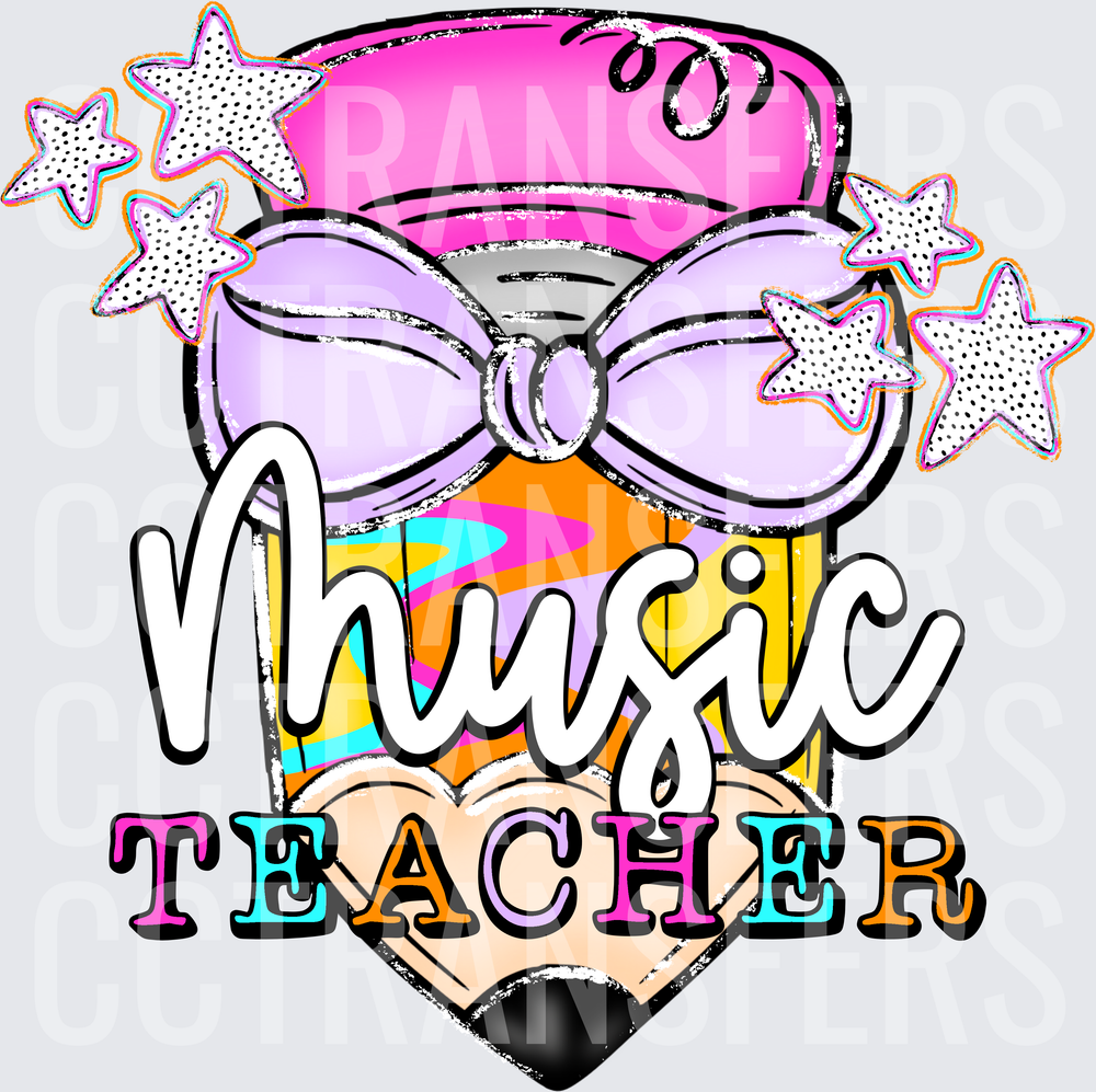 Music Teacher Bow Pencil Stars Colorful Design (DTF)