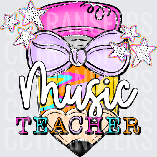 Music Teacher Bow Pencil Stars Colorful Design (DTF)