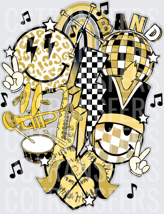 Black Gold Band Smiley Face Retro Music Collage (DTF)
