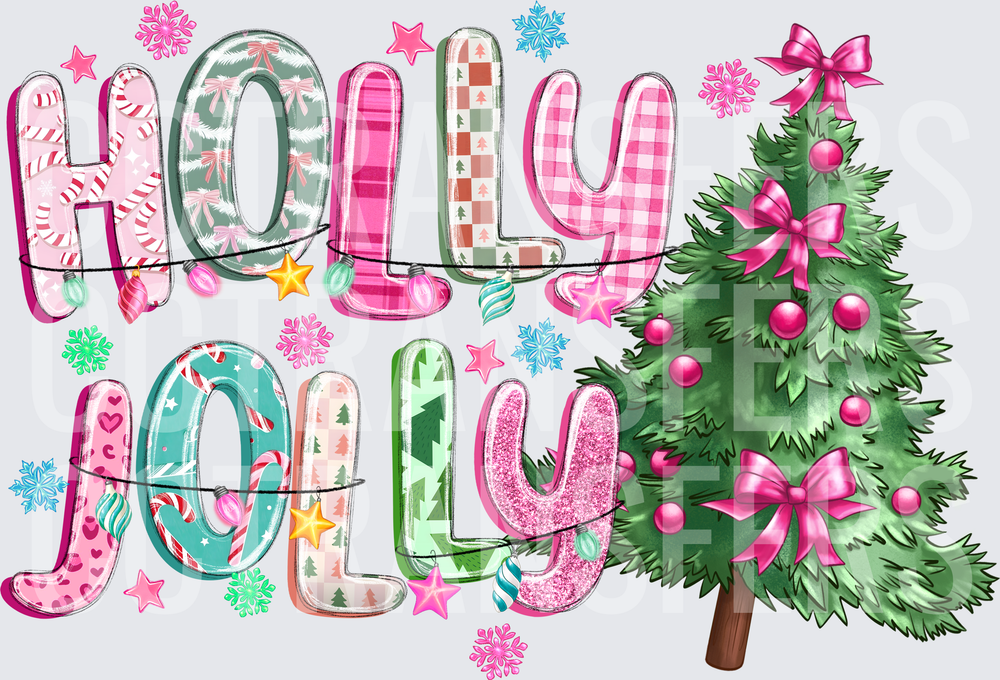 Holly Jolly Pink Patterned Christmas Tree Holiday (DTF)