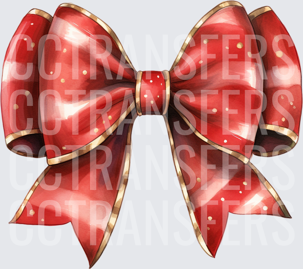 Watercolor Red Bow Gold Trim Polka Dot Holiday Ribbon (DTF)