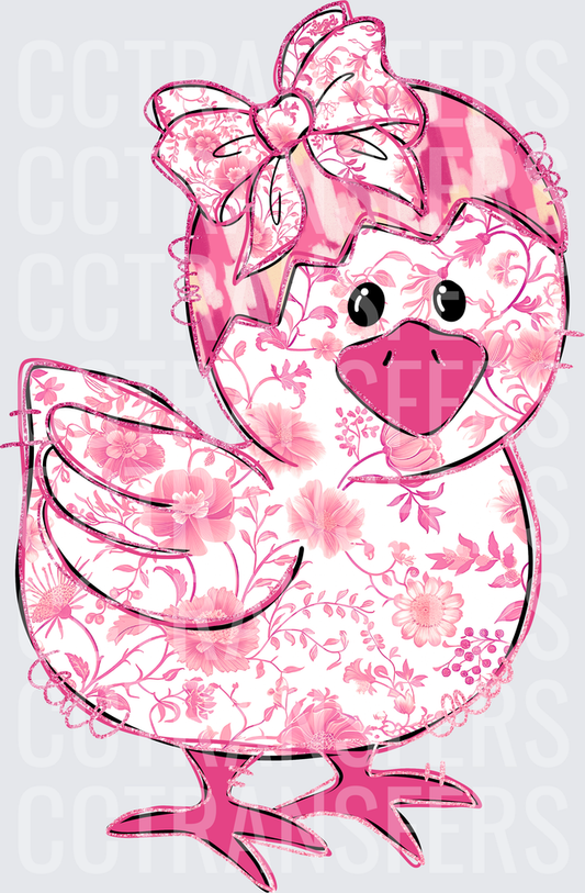 Pink Floral Baby Chick with Bow Easter Hatching (DTF)