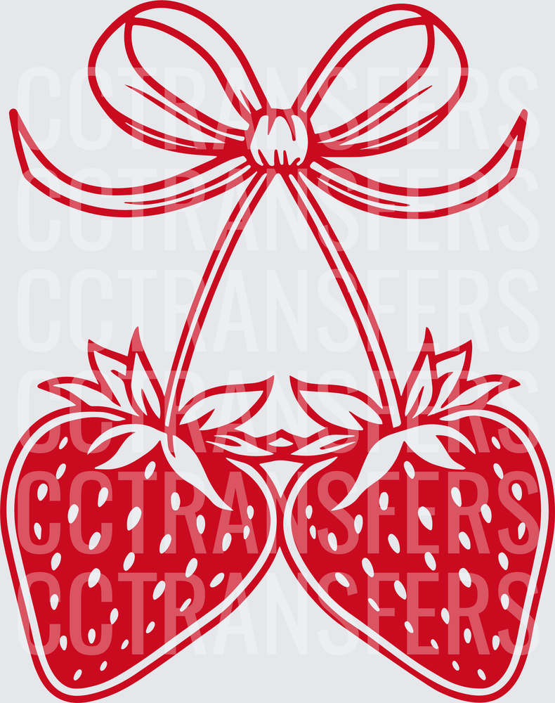 Twin Strawberries Hanging from Red Ribbon Bow (DTF)