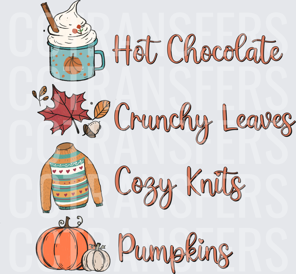 Fall Favorites Hot Chocolate Crunchy Leaves Cozy Knits Pumpkins (DTF)