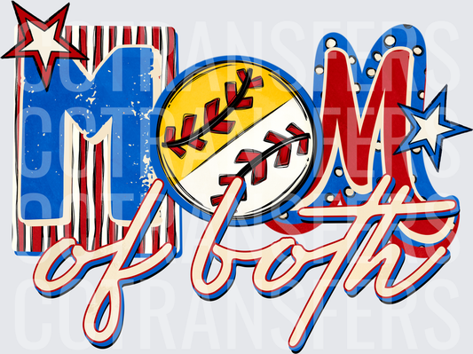 Mom of Both Baseball Softball Red White Blue Stars (DTF)