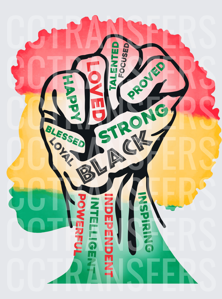 Black Woman Silhouette Raised Fist Empowerment Word Art (DTF)