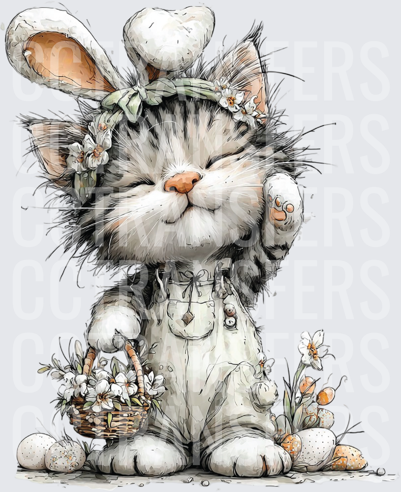 Whimsical Easter Cat in Bunny Ears with Flower Basket (DTF)