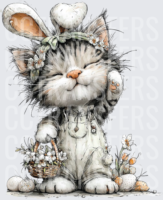 Whimsical Easter Cat in Bunny Ears with Flower Basket (DTF)