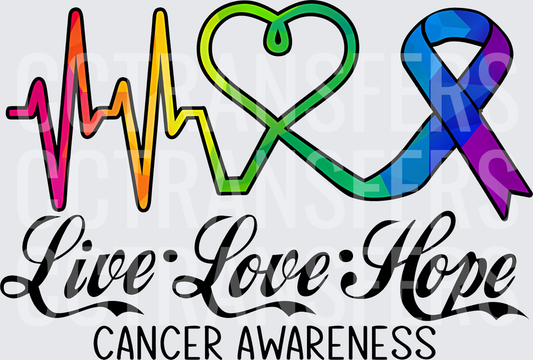 Live Love Hope Cancer Awareness Rainbow Heartbeat Ribbon (DTF)