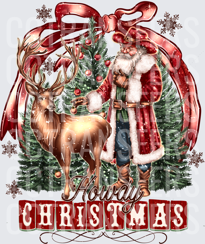 Howdy Christmas Western Santa Reindeer Pine Trees (DTF)