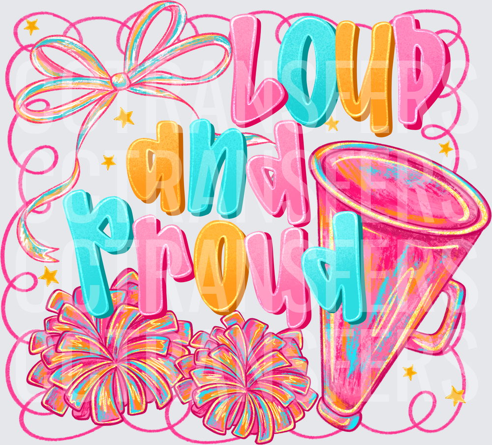 Loud and Proud Cheer Pom Poms Megaphone Bow (DTF)