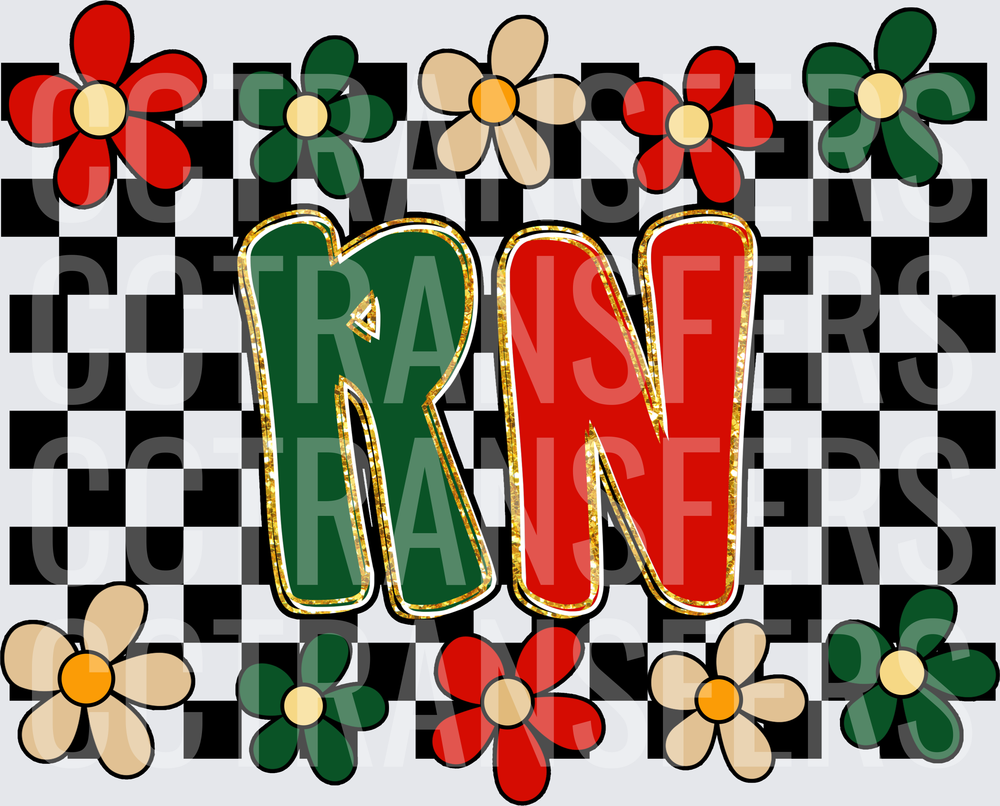 Retro Groovy RN Checkered Floral Gold Letter Design (DTF)