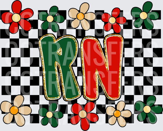 Retro Groovy RN Checkered Floral Gold Letter Design (DTF)