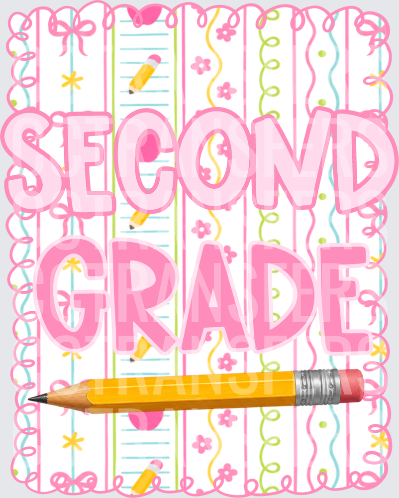 Second Grade Pink Floral Stripe Pencil Design (DTF)