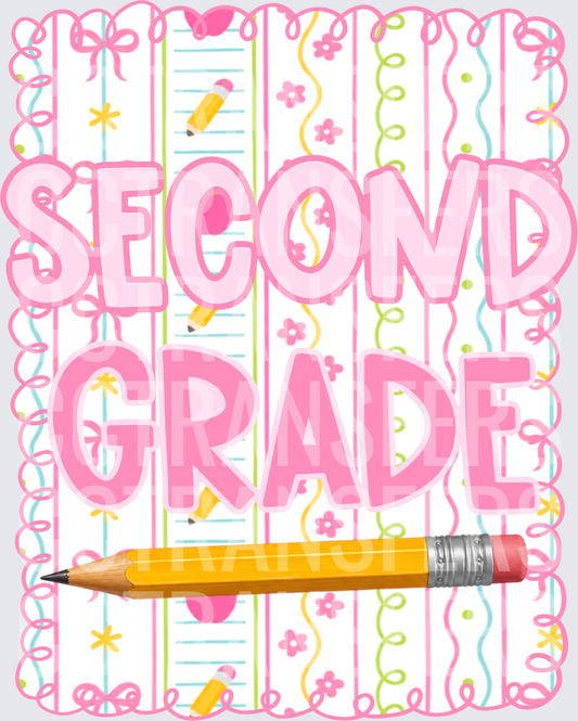 Second Grade Pink Floral Stripe Pencil Design (DTF)