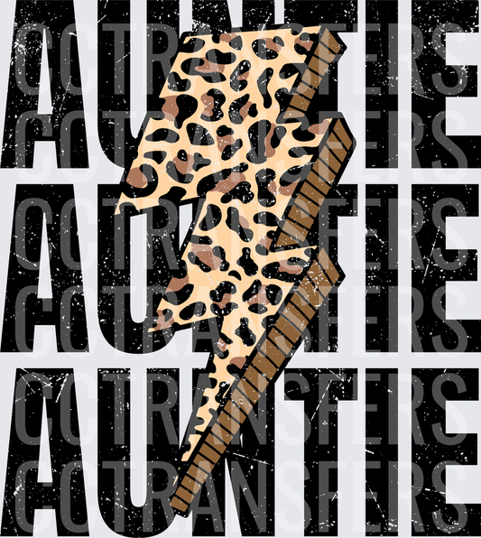 Auntie Leopard Print Lightning Bolt Stacked Text (DTF)