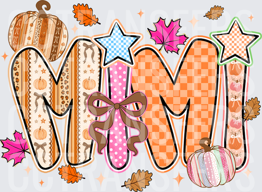 Fall Pumpkin Mimi Patterned Letters with Autumn Leaves (DTF)
