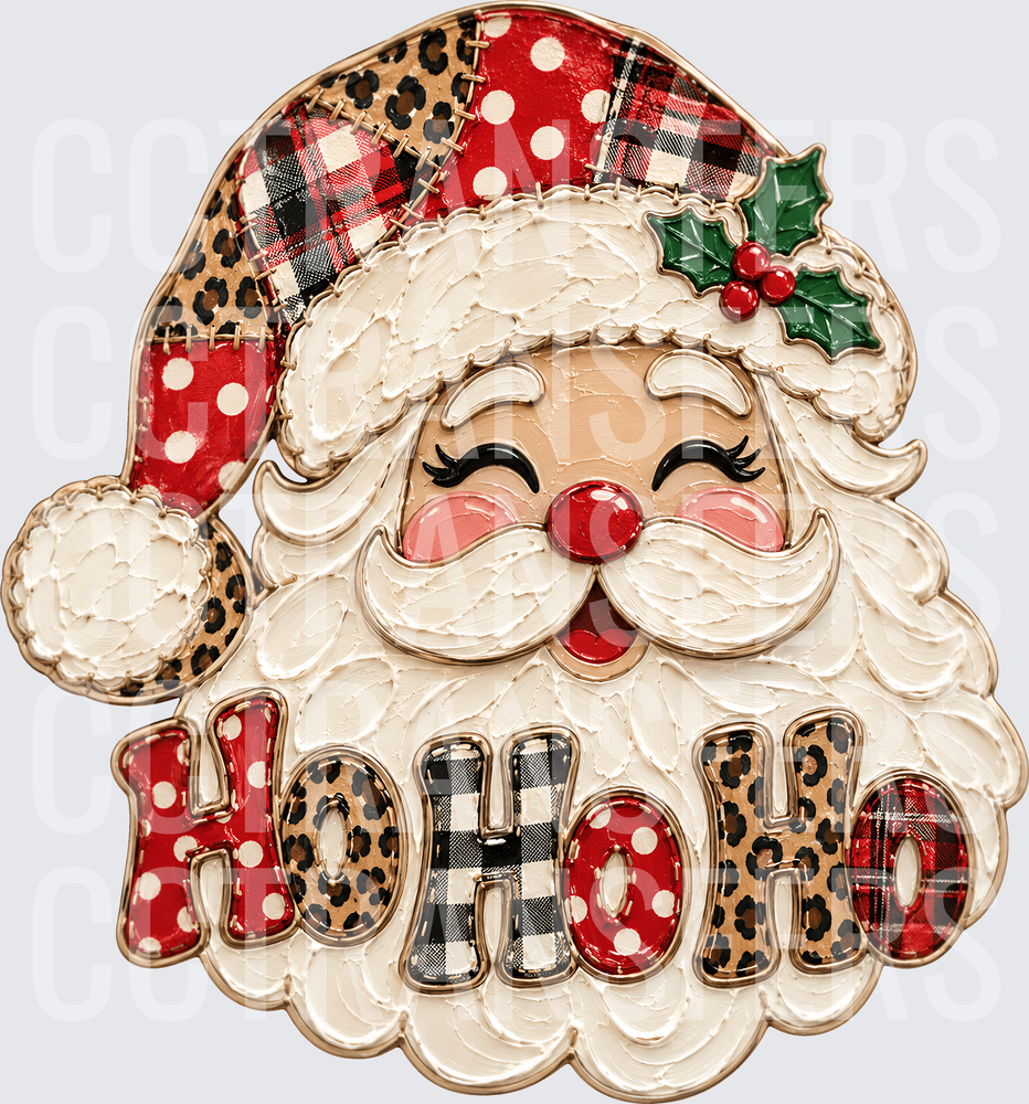 Patchwork Santa Ho Ho Ho Mixed Print Holiday Face (DTF)