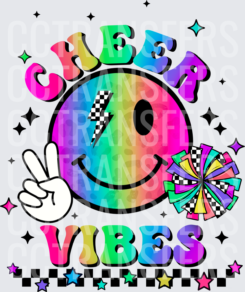 Cheer Vibes Rainbow Smiley Face Peace Sign Pom Pom (DTF)
