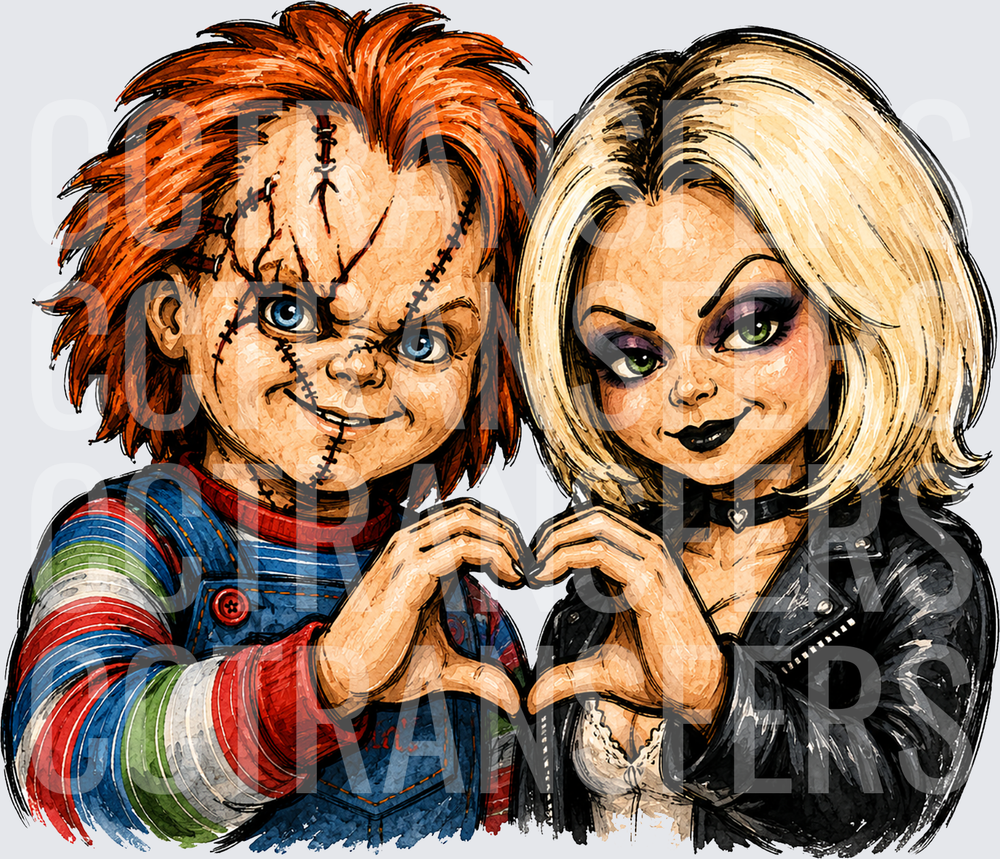 Scarred Doll Couple Making Heart Sign Horror Duo (DTF)