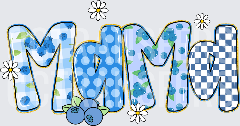 Mama Blueberry Patchwork Daisies Blue Letters (DTF)