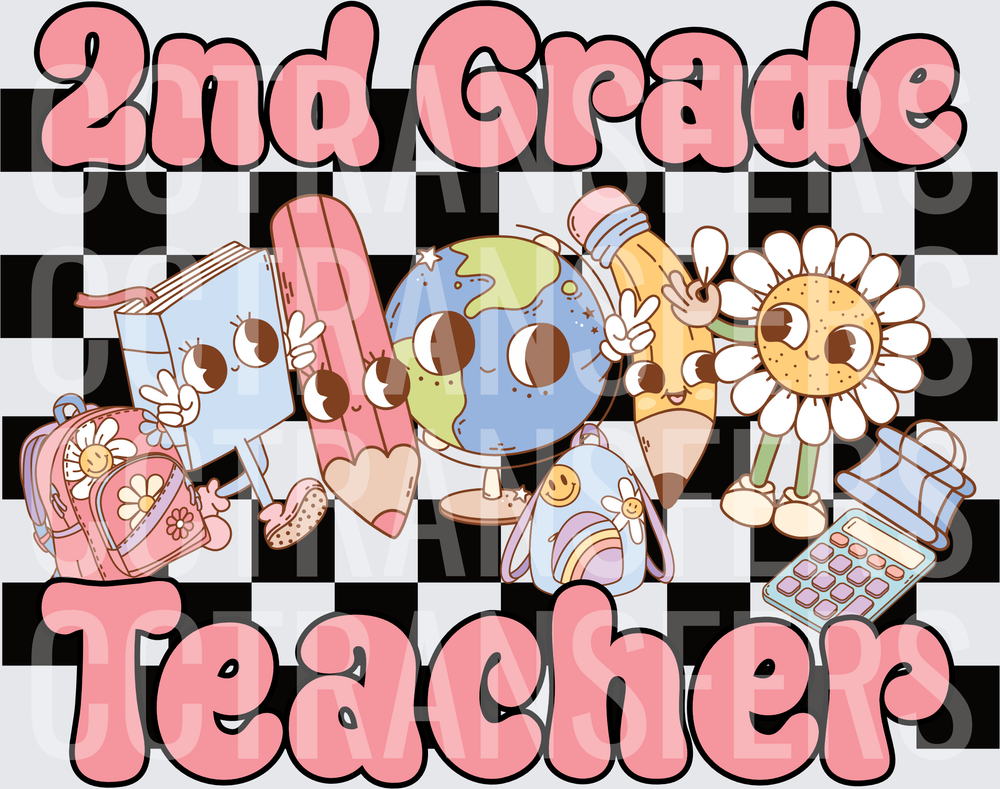 2nd Grade Teacher Retro Groovy School Characters (DTF)