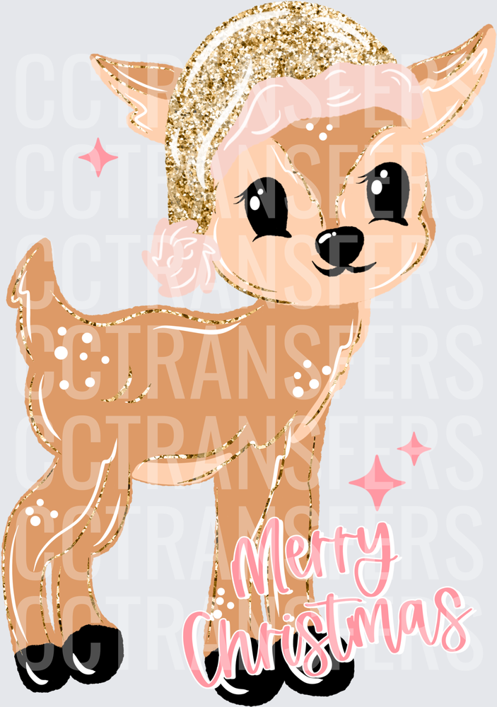 Merry Christmas Cute Fawn Gold Glitter Santa Hat (DTF)