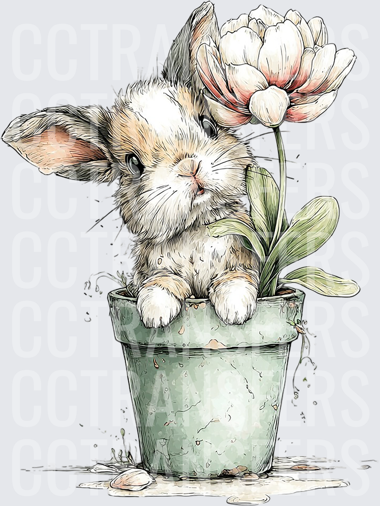 Fluffy Bunny Sitting in Flower Pot with Tulip (DTF)