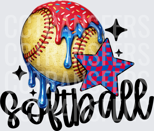 Softball Red Blue Drip Sprinkles Checkered Star (DTF)