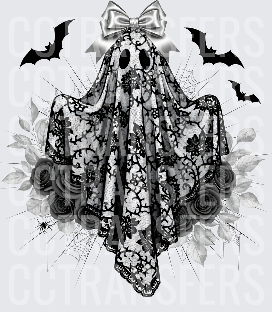 Lace Ghost Silver Bow Dark Roses Bats Spider Web (DTF)