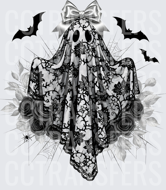 Lace Ghost Silver Bow Dark Roses Bats Spider Web (DTF)