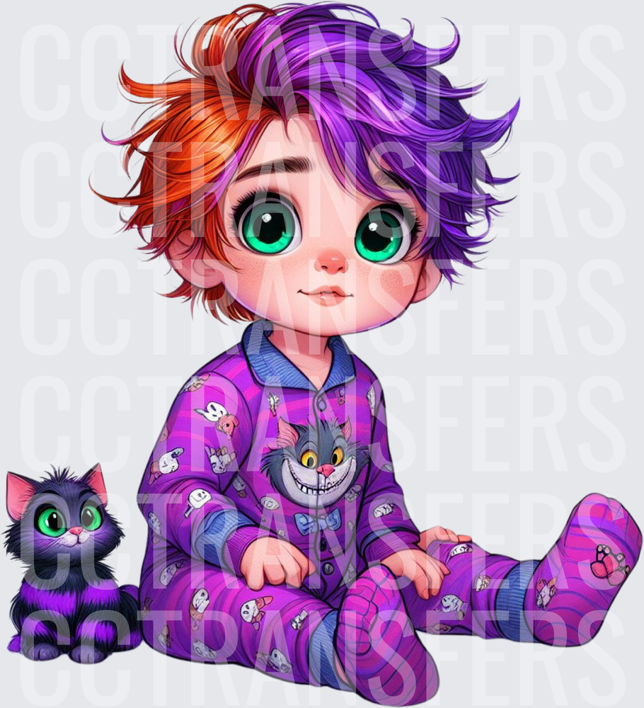 Chibi Kid Red Purple Hair Cheshire Cat Pajamas Kitten (DTF)