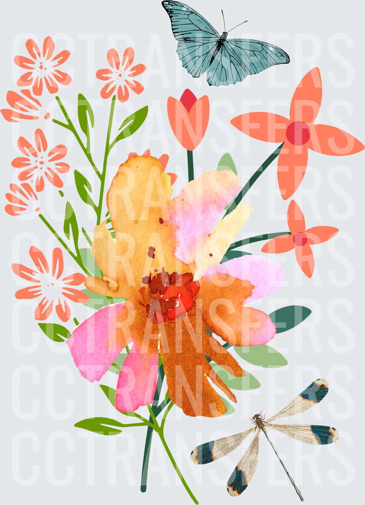 Watercolor Floral Bouquet Blue Butterfly Dragonfly (DTF)