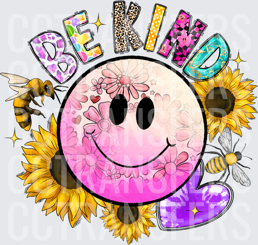 Be Kind Floral Smiley Face Sunflowers Bees Purple Heart (DTF)