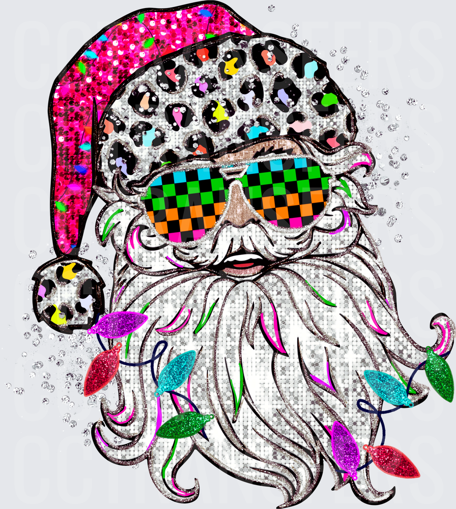 Glitter Santa Leopard Hat Checkered Shades Christmas Lights (DTF)
