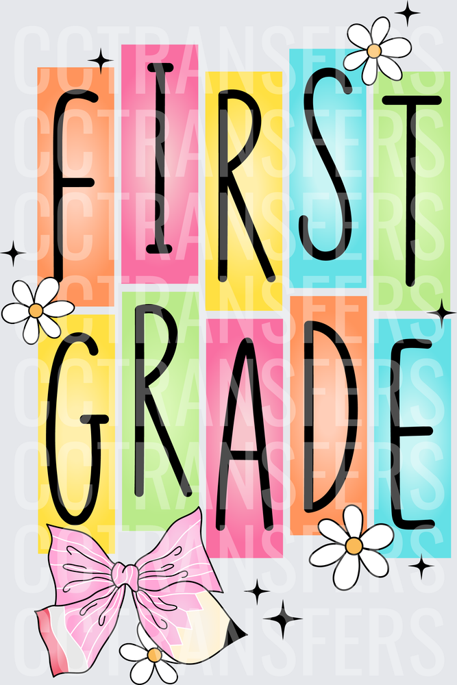 First Grade Colorful Blocks Floral Bow Back to School (DTF)